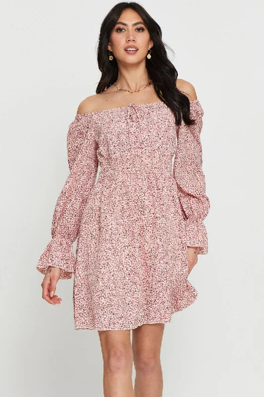 Print Mini Dress Long Sleeve Comfortable Fit-and-Flare Mini Dress