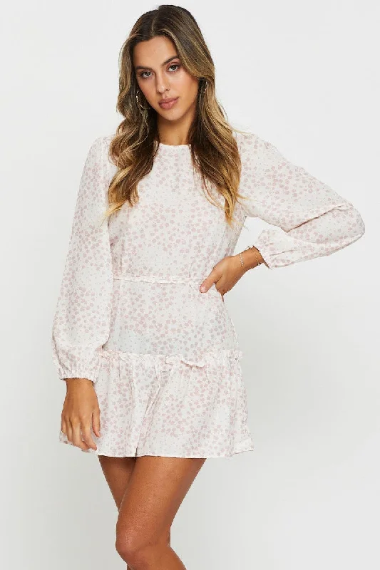 Print Mini Dress Long Sleeve Trendy Mesh Mini Dress