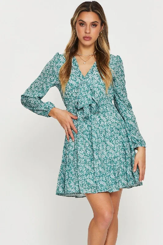 Print Mini Dress Long Sleeve Trendy Cut-Out Mini Dress