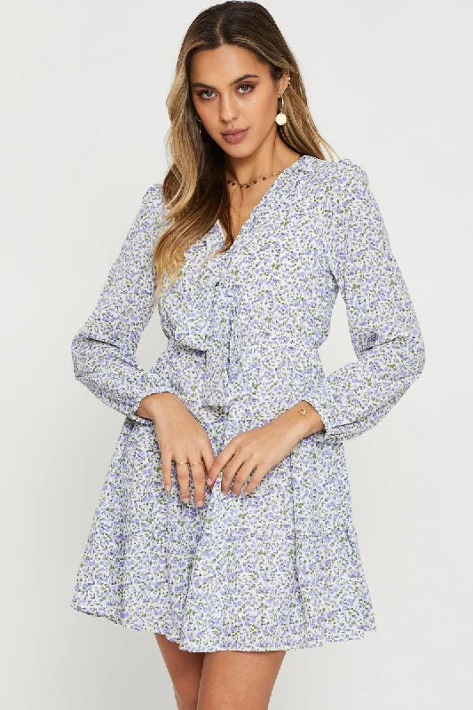 Print Mini Dress Long Sleeve Stylish Floral Print Mini Dress