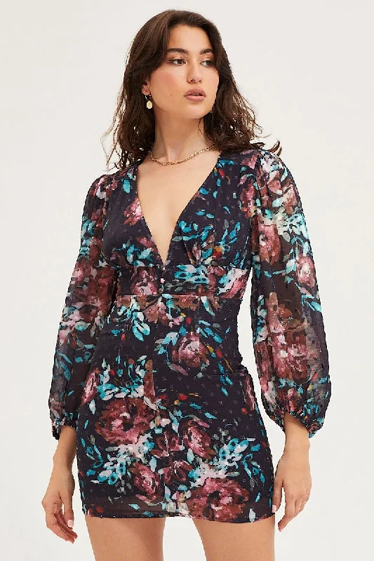 Print Mini Dress Long Sleeve Evening Cozy Knit Mini Dress