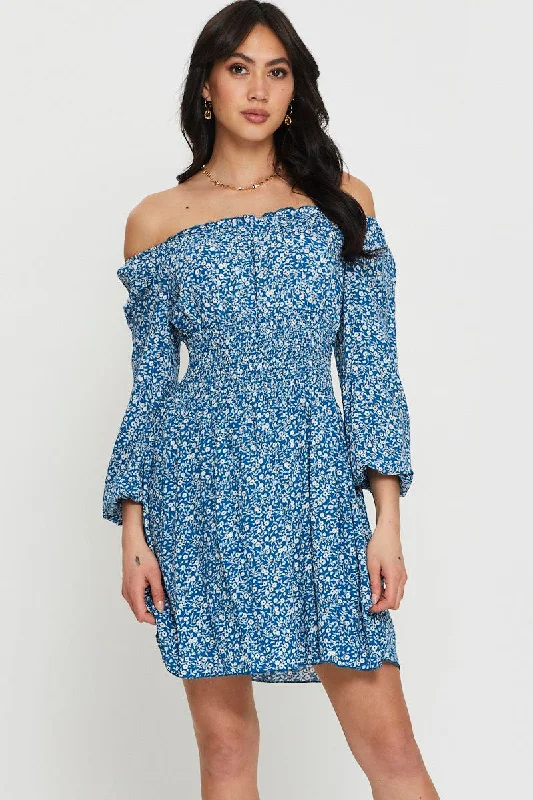 Print Mini Dress Off Shoulder Fashionable Button-Front Mini Dress
