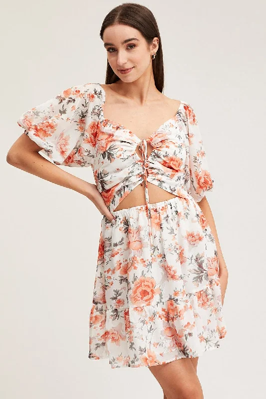Print Mini Dress Short Sleeve Classic Floral Print Mini Dress