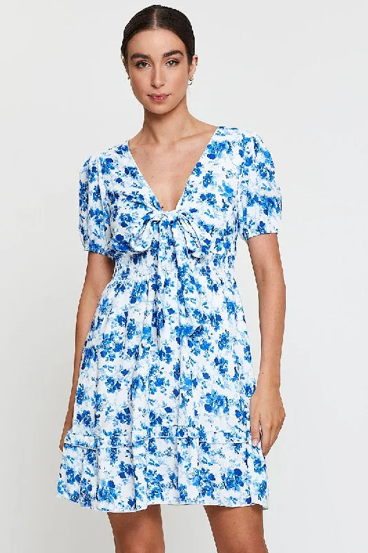 Print Mini Dress Short Sleeve V Neck Tie Trendy Bodycon Mini Dress