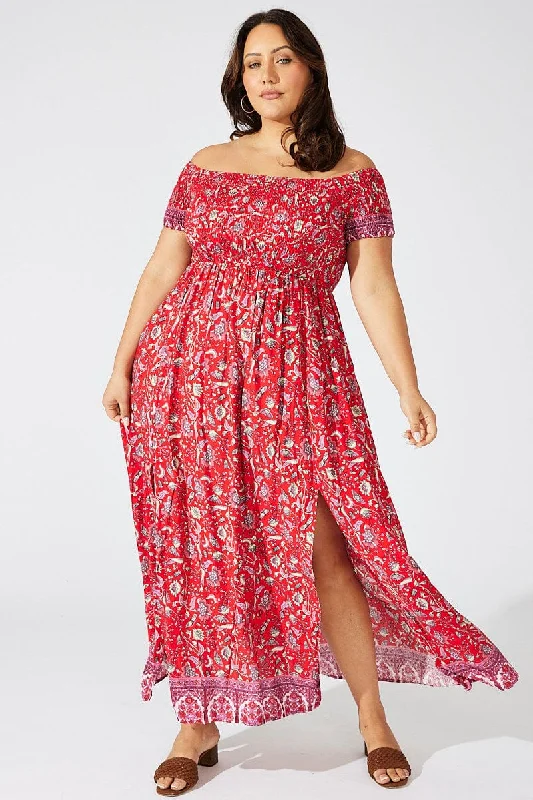 Red Boho Maxi Dress Short Sleeve Shirred