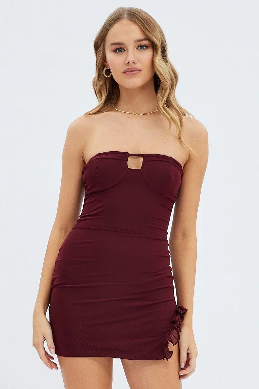 Red Mini Dress Sleeveless Sweetheart Keyhole Mesh Elegant Vintage Mini Dress