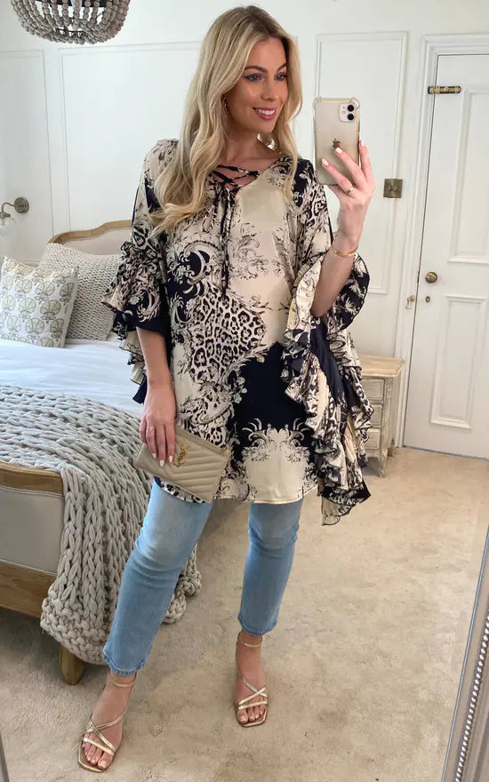 Ruffled Sleeve And Side Detail Mini Dress In Scarf Print Elegant Satin Mini Dress