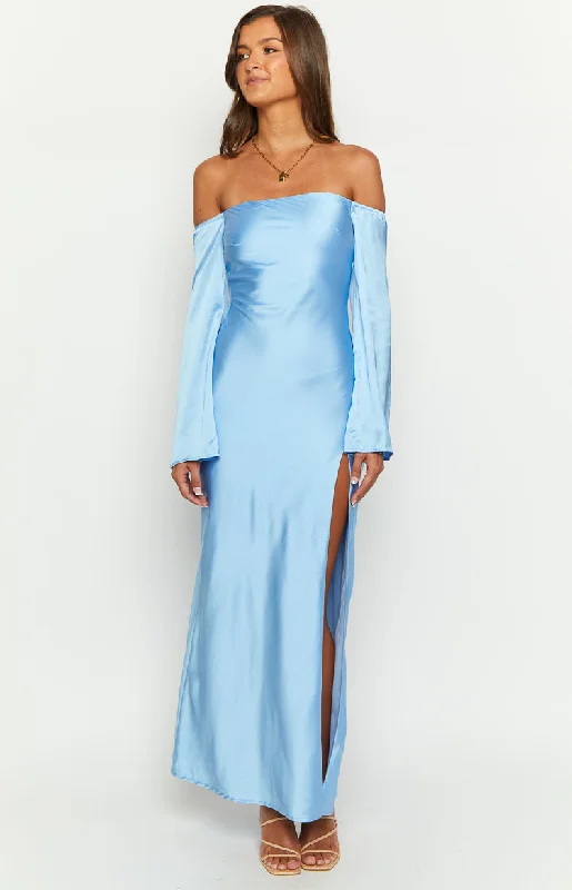 Shae Blue Satin Long Sleeve Maxi Dress Cozy Maxi Dress with Slit