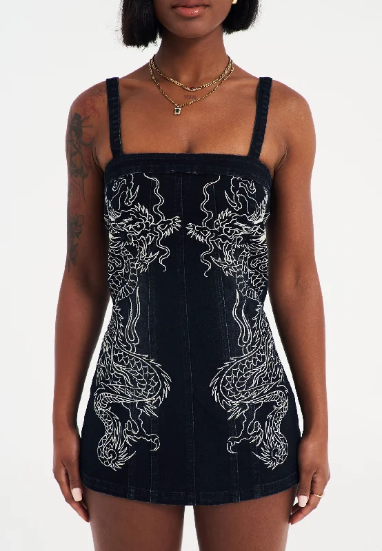Womens Dragon Flame Denim Mini Dress - Black Cozy Cowl Neck Mini Dress
