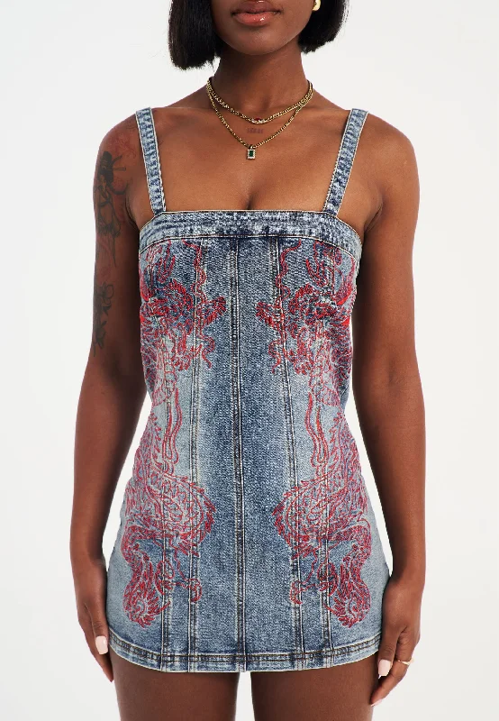 Womens Dragon Flame Denim Mini Dress - Mid Blue Elegant Mini Dress with Ruffles