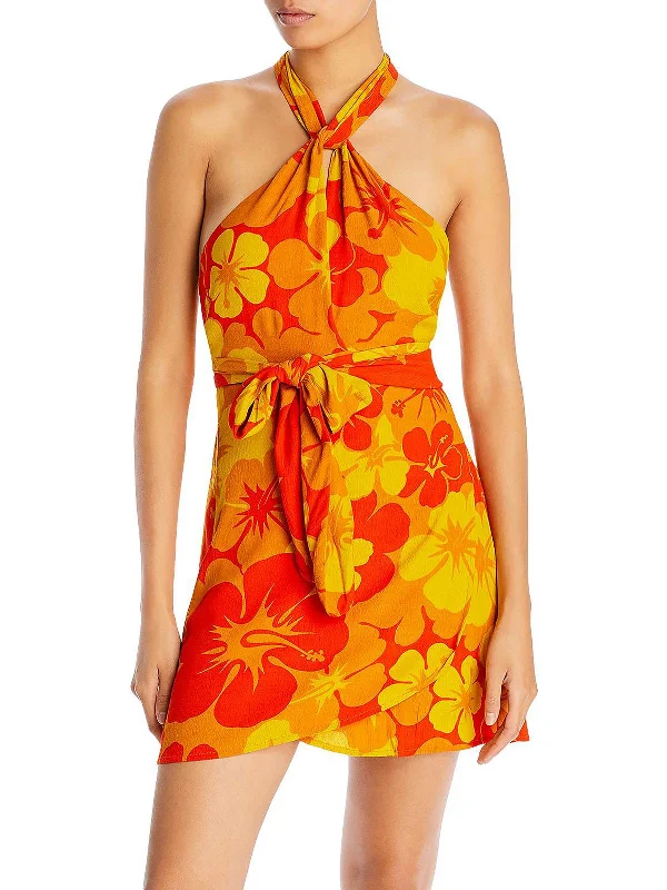Womens Floral Halter Mini Dress Elegant Satin Lace Mini Dress