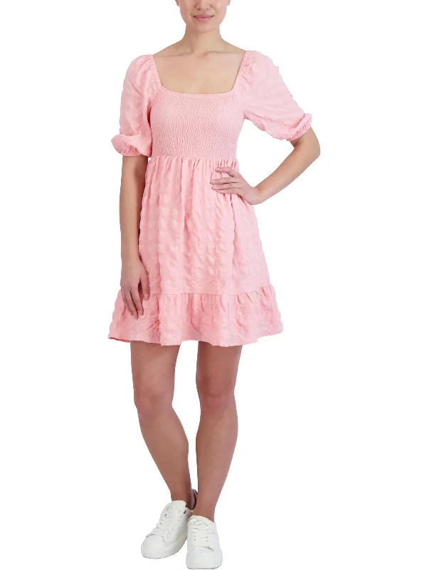 Womens Puff Sleeve Short Mini Dress Stylish Button-Down Mini Dress