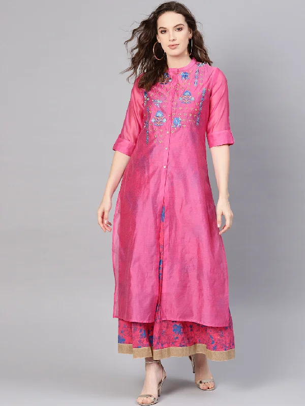 Fuchsia Chanderi Printed with Embroidery Layered Maxi Dress Cozy Ruffle Sleeve Maxi Dress