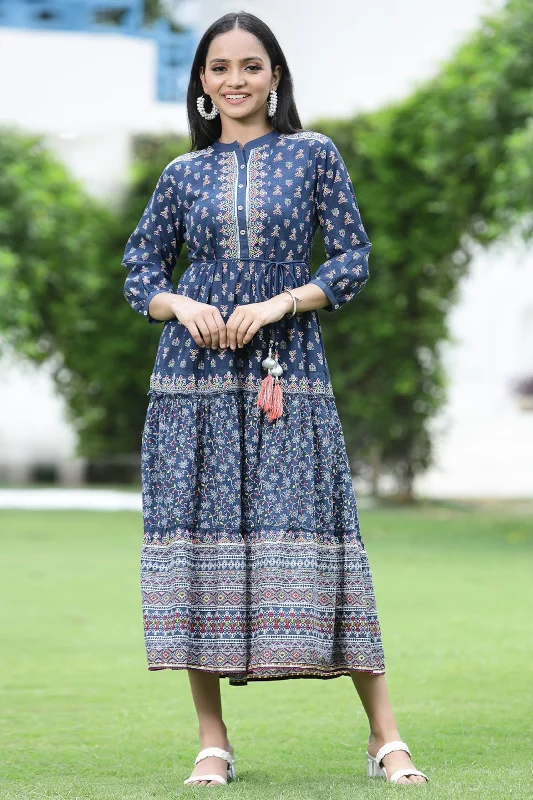 Indigo Cotton Cambric Printed Tiered Maxi Dress Stylish Longline Maxi Dress