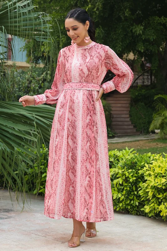 Peach Chiffon Printed Flared Maxi Dress Comfortable Casual Maxi Dress