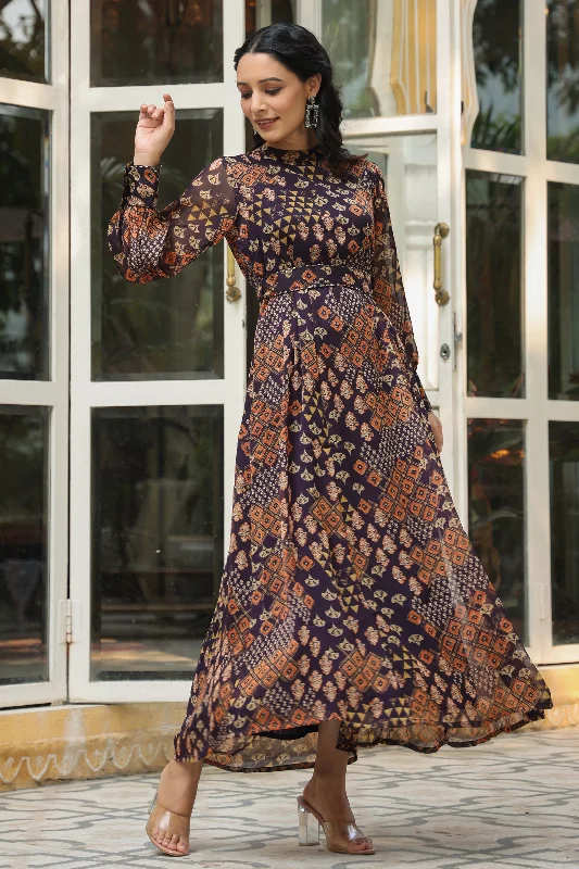 Black Chiffon Printed Flared Maxi Dress Elegant Maxi Dress with Lace