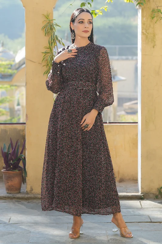 Black Chiffon Printed Flared Maxi Dress Comfortable Cotton Maxi Dress