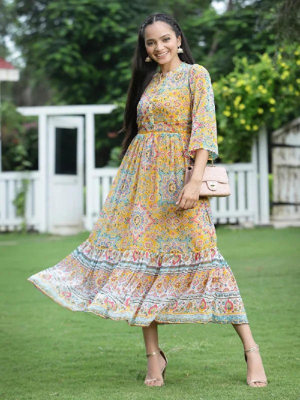 Mustard Chiffon Printed Tiered Maxi Dress Cozy Spaghetti Strap Maxi Dress