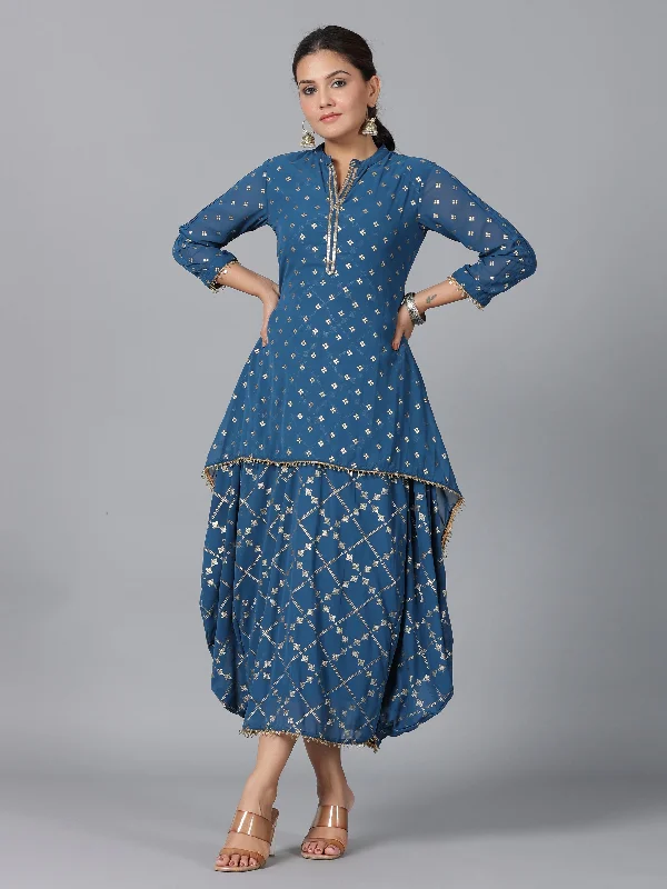 Women Indigo Georgette Printed Draped Maxi Dress Fashionable Printed Maxi Dress