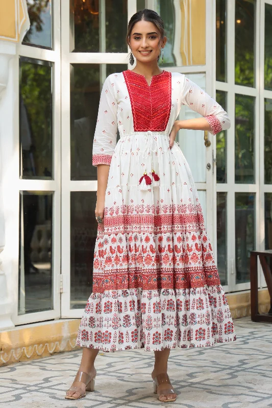 Maroon Cotton Cambric Printed with Embroidery Tiered Maxi Dress Elegant Wraparound Maxi Dress