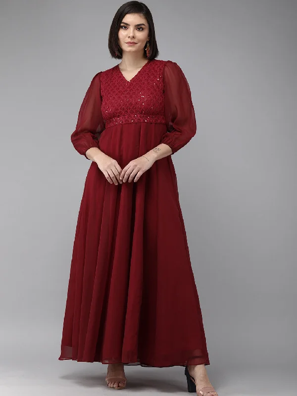 Maroon Geogette Sequence Embellished Maxi Dress Elegant Lace Maxi Dress