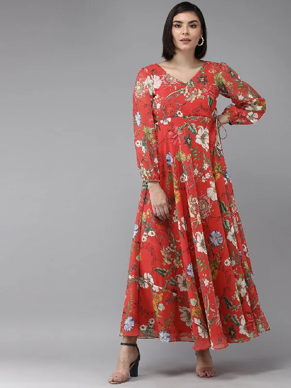 Red Floral Geogette Maxi Dress Trendy Ruffled Maxi Dress