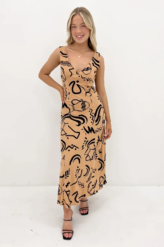 Bari Maxi Dress Tan Black Trendy V-Neck Maxi Dress