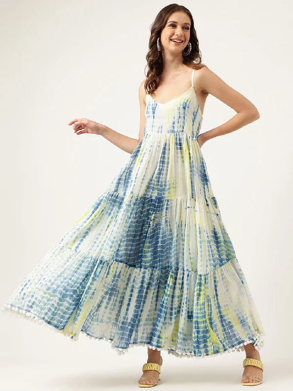 Women's Blue Tie and Dye Dyed with Pom-Pom Detail Maxi Dress - Taantav Fashionable High-Waist Maxi Dress