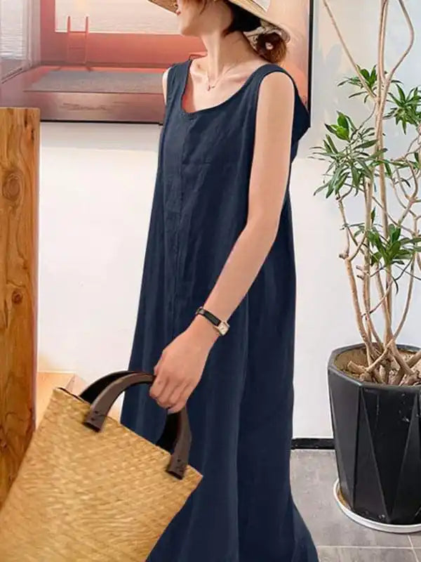 Women’s Solid Color Linen Crew Neck Maxi Dress Fashionable Printed Maxi Dress