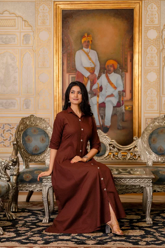 Women's Chocolate Brown Maxi Dress with Shirt Collar & 3/4 sleeves - Taantav Elegant Maxi Dress with Lace