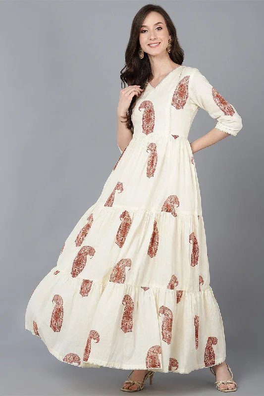 Cream Cotton Solid Ethnic Motifs Maxi Dress Stylish One-Shoulder Maxi Dress