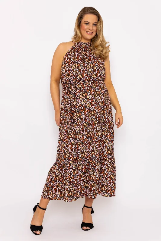 Curve - Halter Neck Maxi Dress in Black Print Elegant Maxi Dress with Ruffles