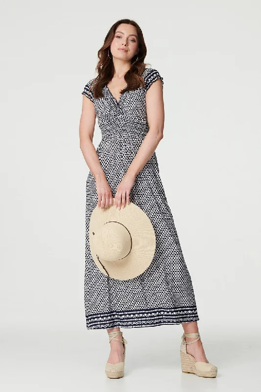 Geo Border Print Empire Maxi Dress Comfortable Maxi Dress with Slits