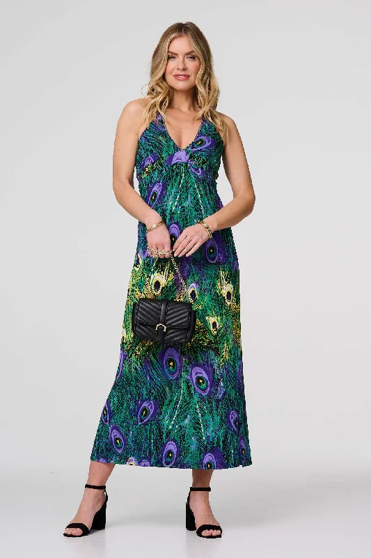 Peacock Print Halterneck Maxi Dress Fashionable Off-Shoulder Maxi Dress