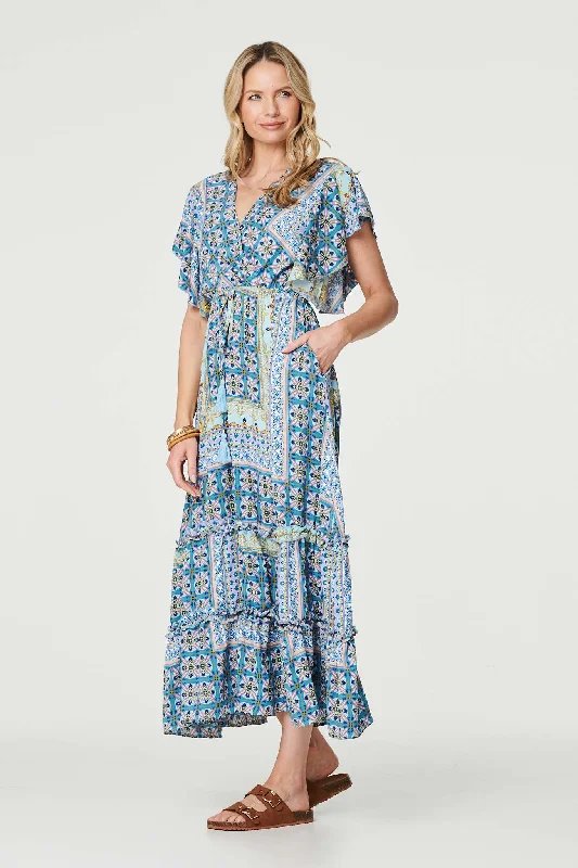 Printed Frill Sleeve Maxi Dress Stylish V-Neck Maxi Dress