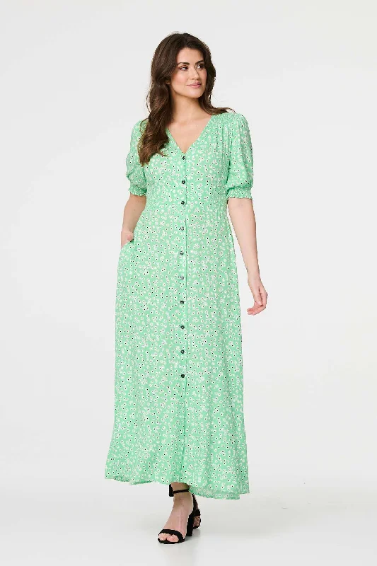 Ditsy Floral 1/2 Puff Sleeve Maxi Dress Fashionable High-Low Maxi Dress