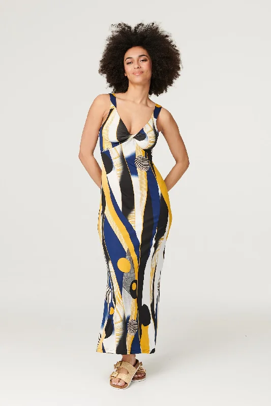 Printed Twist Detail Maxi Dress Elegant Maxi Dress with Drapes