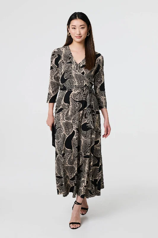 Abstract 3/4 Sleeve Tie Waist Wrap Maxi Dress Fashionable Halter Neck Maxi Dress