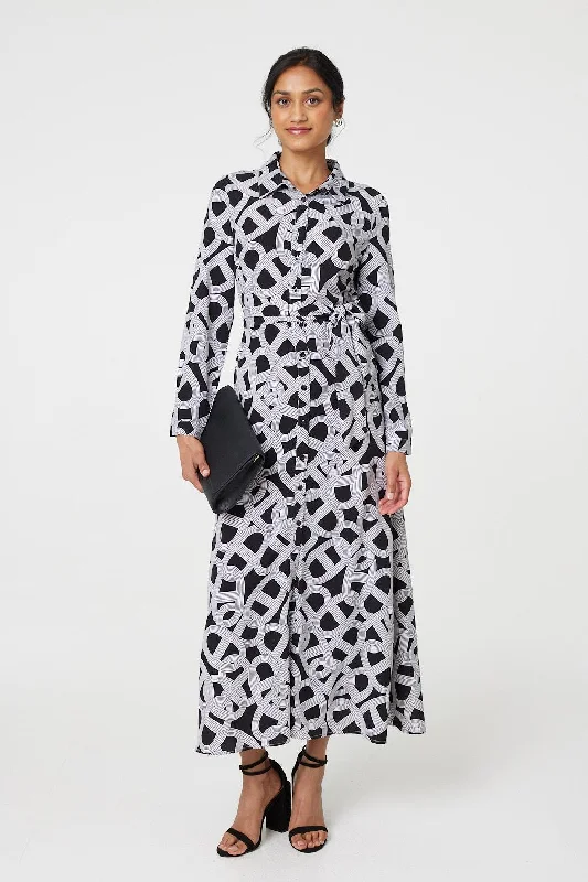 Printed Long Sleeve Shirt Maxi Dress Fashionable Chiffon Maxi Dress