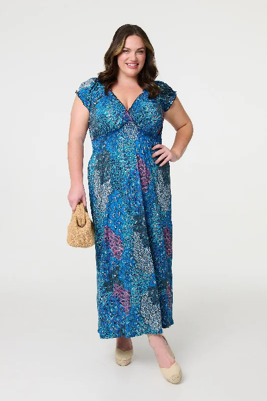Peacock Print V-Neck Maxi Dress Elegant Floral Maxi Dress