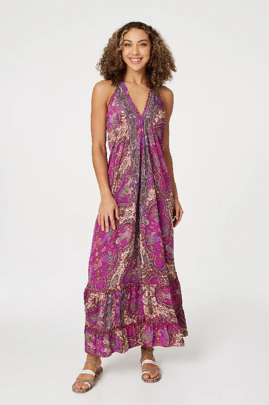 Paisley Halter Neck Maxi Dress Stylish One-Shoulder Maxi Dress