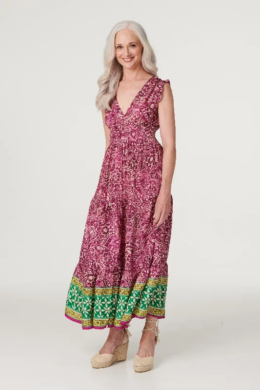 Paisley Frill Sleeve Maxi Dress Fashionable Maxi Dress with Fringe