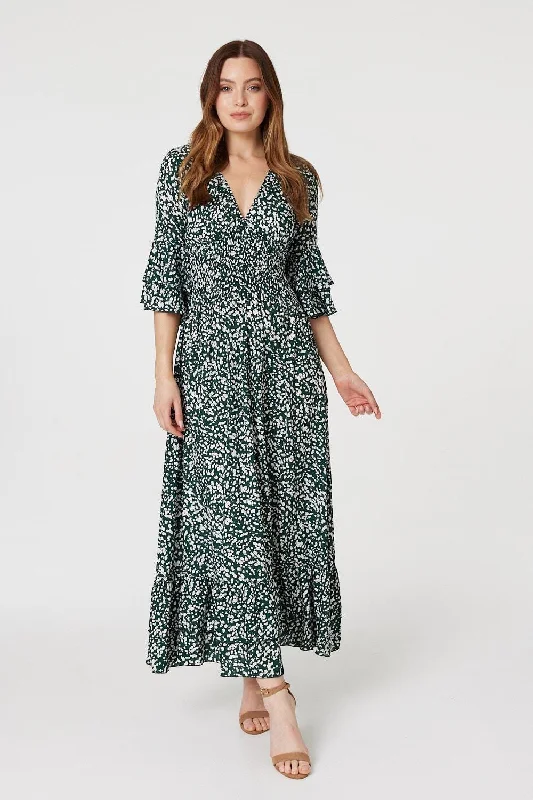 Printed Flare Sleeve Maxi Dress Chic Boho Print Maxi Dress