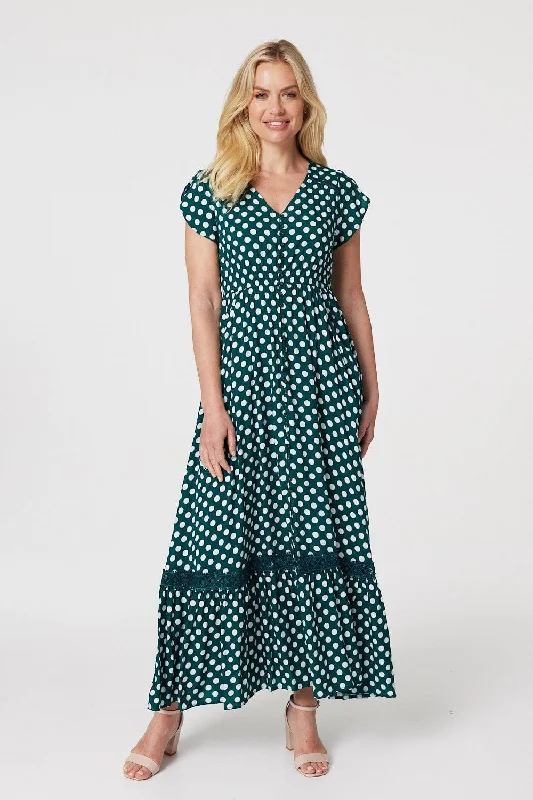 Polka Dot Lace Trim Maxi Dress Trendy Maxi Dress with Straps