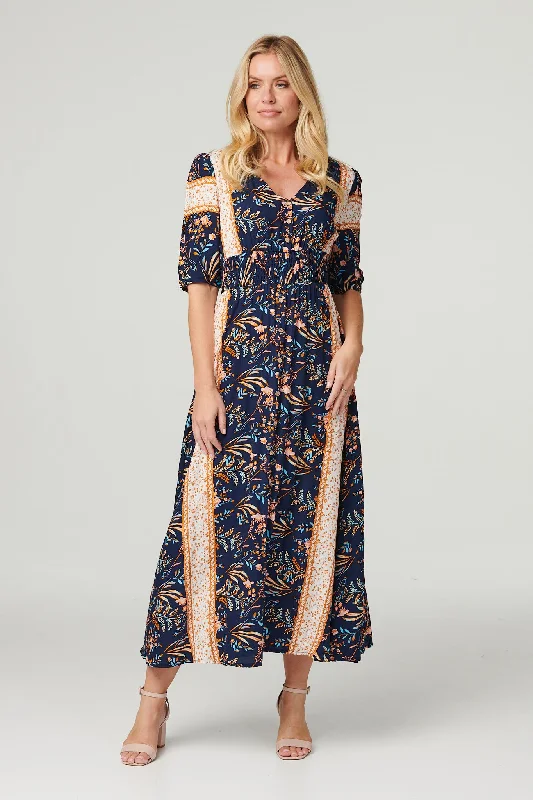 Printed 1/2 Sleeve Maxi Dress Comfortable Fitted Maxi Dress