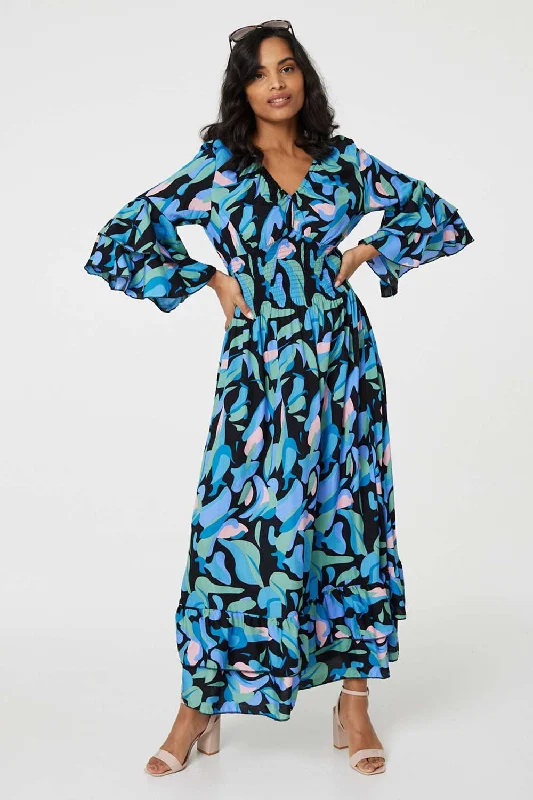 Printed Ruffle Hem Empire Maxi Dress Fashionable Asymmetrical Maxi Dress