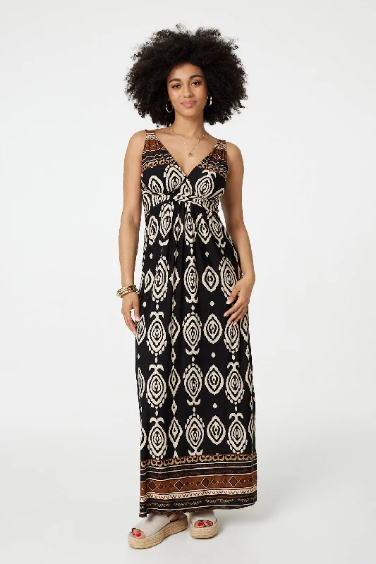 Printed Sleeveless Empire Maxi Dress Elegant Tiered Maxi Dress
