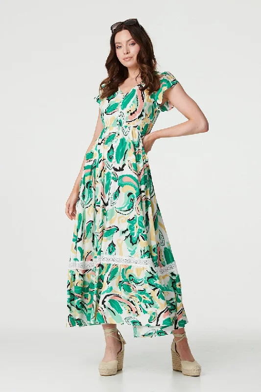 Printed Lace Trim Maxi Dress Elegant Velvet Maxi Dress