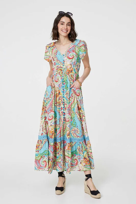 Paisley V-Neck Button Detail Maxi Dress Trendy Maxi Dress with Bow