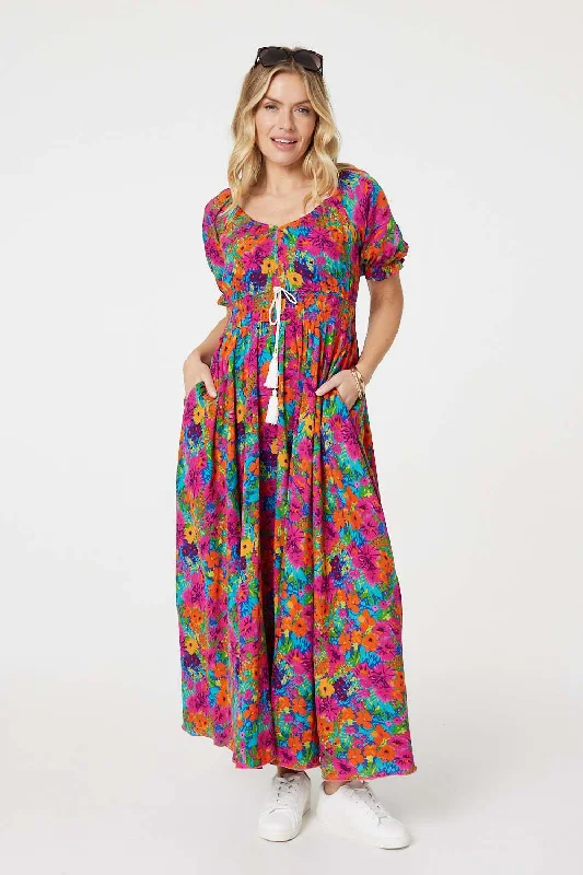 Floral Drawstring Empire Waist Maxi Dress Elegant Sleeveless Maxi Dress